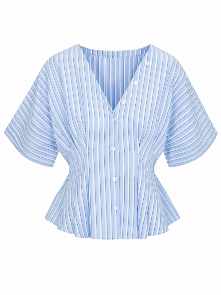 Light Blue and White Striped Peplum Top with Button Front