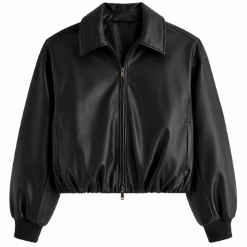 Black Cropped Leather-Like Jacket with Ribbed Cuffs