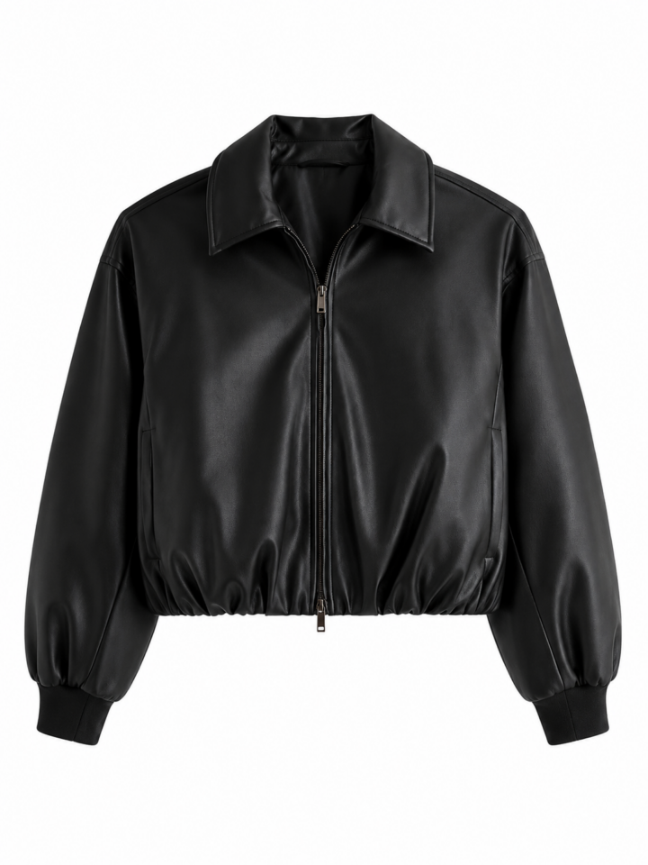 Black Cropped Leather-Like Jacket with Ribbed Cuffs