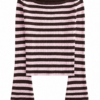 Dark Brown and Pale Pink Striped Ribbed Knit Top with Boat Neck and Bell Sleeves