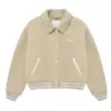 Beige Wool-Blend Oversized Varsity Jacket with Striped Cuffs