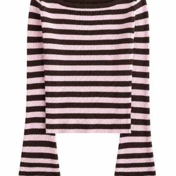 Dark Brown and Pale Pink Striped Ribbed Knit Top with Boat Neck and Bell Sleeves