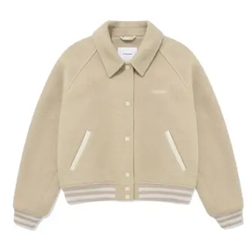 Beige Wool-Blend Oversized Varsity Jacket with Striped Cuffs