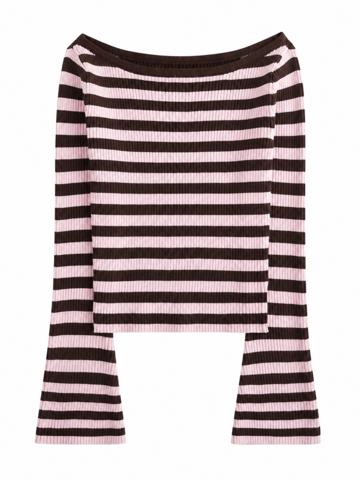 Dark Brown and Pale Pink Striped Ribbed Knit Top with Boat Neck and Bell Sleeves