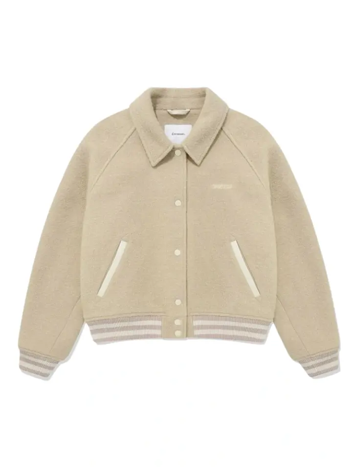 Beige Wool-Blend Oversized Varsity Jacket with Striped Cuffs