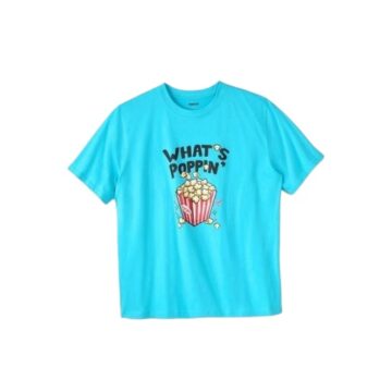 Cyan Graphic Popcorn Tee with Fun Text