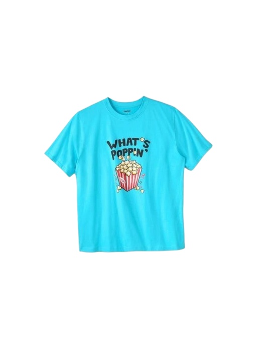 Cyan Graphic Popcorn Tee with Fun Text
