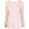 Pale Pink V-Neck Ribbed Sweater with Color Block