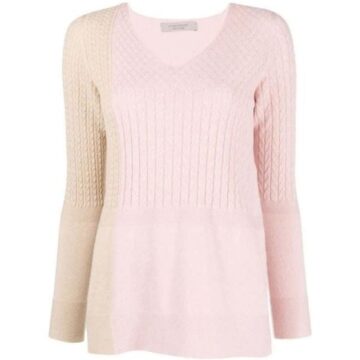 Pale Pink V-Neck Ribbed Sweater with Color Block
