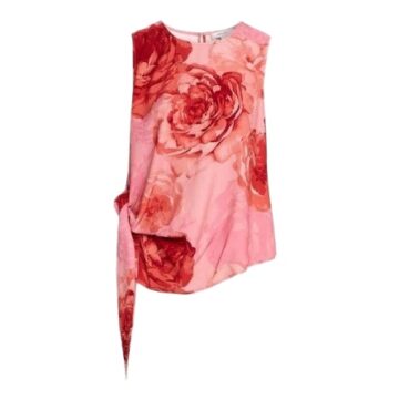 Pink Sleeveless Top with Painterly Rose Print and Asymmetrical Hem
