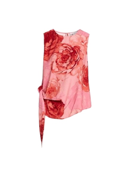 Pink Sleeveless Top with Painterly Rose Print and Asymmetrical Hem