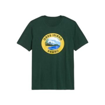 Dark Green Graphic T-Shirt with Hawaii Scenery