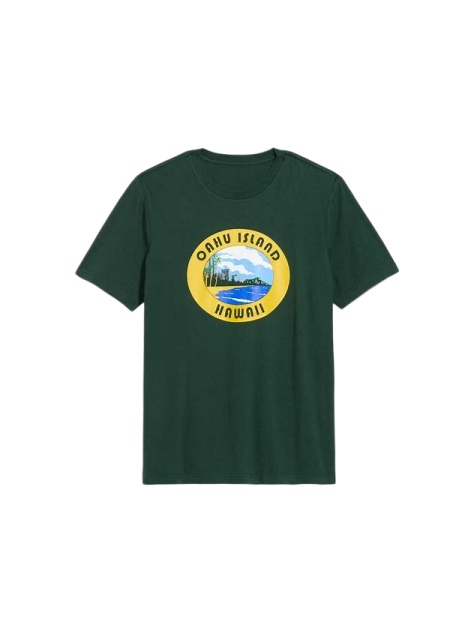 Dark Green Graphic T-Shirt with Hawaii Scenery
