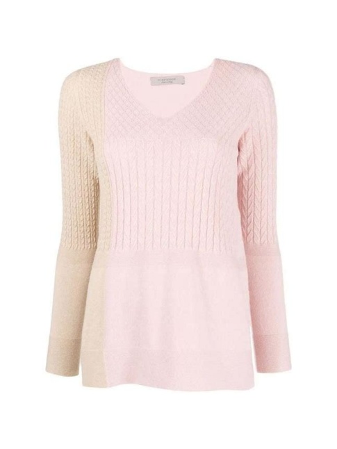 Pale Pink V-Neck Ribbed Sweater with Color Block