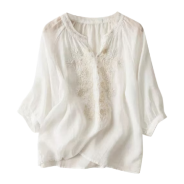 White Split-Neck Blouse with Floral Lace Panels and 3/4 Sleeves