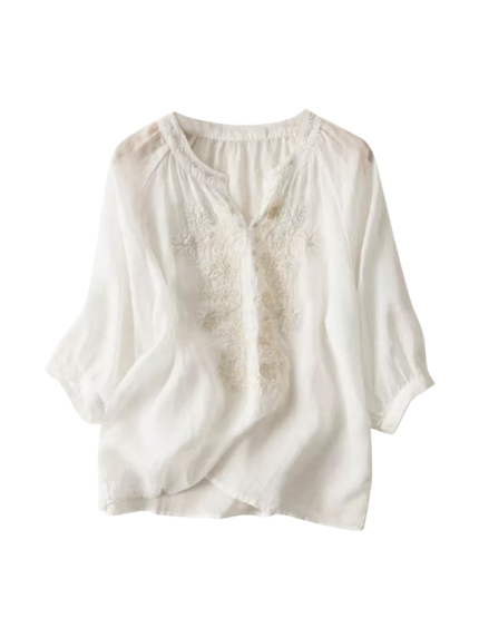 White Split-Neck Blouse with Floral Lace Panels and 3/4 Sleeves