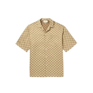 Beige and Brown Geometric Monogram Print Relaxed Fit Button-Up Shirt