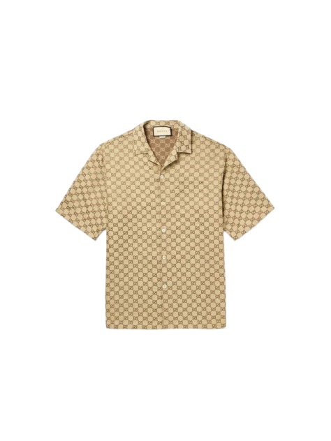 Beige and Brown Geometric Monogram Print Relaxed Fit Button-Up Shirt