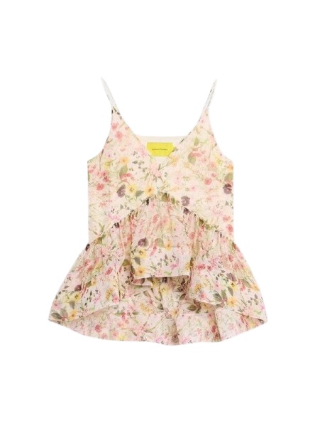 Light Pink Floral Print Sleeveless Camisole Top with Ruffle Layers