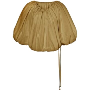 Gold-Brown Balloon-Sleeve Cropped Top with Drawstring