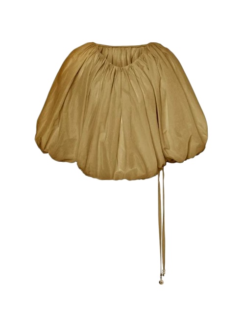 Gold-Brown Balloon-Sleeve Cropped Top with Drawstring