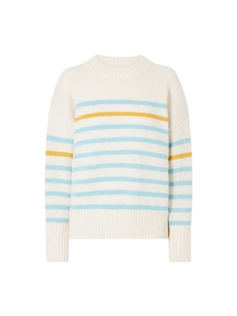 Cream Crewneck Sweater with Light Blue and Mustard Stripes